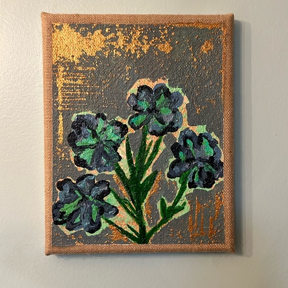 Abstract Floral Painting Blue Gold Aqua - Picture 1 of 2